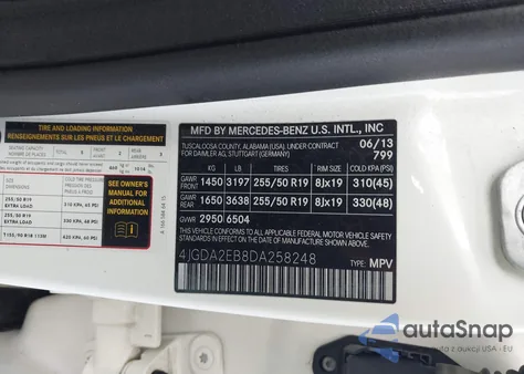 2013 Mercedes-Benz Ml 350 Bluetec 4Matic из США, поврежденный, VIN 4JGDA2EB8DA258248